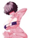  1girl absurdres armpits bikini black_hair blush breasts cleavage covered_nipples eyepatch_bikini facing_viewer hair_over_eyes highres long_hair micro_bikini navel onsoku_inu original purple_bikini short_hair simple_background solo swimsuit white_background 