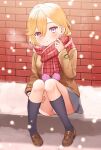  1girl bangs black_legwear blonde_hair blush brick_wall brown_coat brown_footwear coat eyebrows_visible_through_hair full_body grey_skirt hair_between_eyes highres kneehighs loafers long_sleeves looking_at_viewer love_live! love_live!_superstar!! miniskirt parted_lips plaid plaid_scarf purple_eyes red_scarf saki_usagi scarf shibuya_kanon shoes short_hair sitting skirt snow snowing solo winter younger 