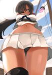  1girl absurdres angry black_hair black_panties blue_eyes blush breasts clenched_teeth dress eyebrows_visible_through_hair eyes_visible_through_hair from_below girls_und_panzer highres jinguu_(4839ms) long_hair looking_at_viewer looking_down microskirt midriff navel ogin_(girls_und_panzer) outdoors panties restrained sailor_dress shiny shiny_hair skirt sky small_breasts sweat teeth underwear walking_the_plank white_skirt 