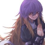 1girl 33_gaff absurdres bangs brown_eyes brown_hair cross-laced_clothes eyebrows_visible_through_hair gesugao grin highres hijiri_byakuren long_hair long_sleeves looking_at_viewer multicolored_hair own_hands_together purple_hair simple_background smile solo touhou two-tone_hair upper_body white_background 