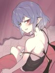  1girl asutora bare_shoulders bat_wings blue_hair blush eyebrows_visible_through_hair fang from_behind looking_at_viewer looking_back open_mouth pointy_ears red_eyes remilia_scarlet short_hair sitting skin_fang solo touhou wings 