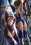  2girls absurdres armored_boots artoria_pendragon_(fate) artoria_pendragon_(lancer)_(fate) artoria_pendragon_(lancer_alter)_(fate) ass bare_shoulders black_bodysuit black_gloves blonde_hair blue_gloves blue_legwear blue_leotard bodysuit boots bracelet braid breasts center_opening closed_mouth clothing_cutout crown different_reflection elbow_gloves fate/grand_order fate_(series) gauntlets gloves highres holding holding_polearm holding_weapon indoors jewelry knee_boots large_breasts leotard long_hair mirror multiple_girls navel partially_fingerless_gloves polearm ponytail reflection revealing_clothes shatter shigatsu_(4gate) sideboob single_gauntlet smile standing thigh_cutout thighhighs underboob weapon yellow_eyes 