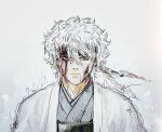  1boy artist_name bangs blood blood_on_face chinese_commentary closed_mouth commentary_request dated eyebrows_visible_through_hair gintama godzillapigeon1 grey_background grey_kimono hair_between_eyes half-closed_eyes haori headband japanese_clothes kimono looking_at_viewer male_focus monochrome red_eyes sakata_gintoki signature simple_background sketch solo straight-on upper_body watermark white_hair 