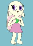  anthro blue_background clothing dress female fur hi_res holding_object lagomorph leporid mammal pazymomo pigtails pink_clothing pink_dress purple_eyes rabbit simple_background solo standing stealing yellow_body yellow_fur 