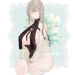  1girl absurdres bangs beige_sweater black_corset breasts brown_eyes brown_hair chinese_commentary corset cropped_legs flower glasses highres iggy.m large_breasts looking_at_viewer off_shoulder original sample sitting smile solo thick_thighs thighs underboob white_flower 