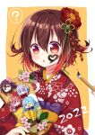  2022 ? alternate_costume border brown_hair crescent crescent_hair_ornament eyebrows_visible_through_hair facepaint floral_print flower gradient_hair hagoita hair_between_eyes hair_flower hair_ornament happy_new_year hatsuharu_(kancolle) highres holding holding_paddle japanese_clothes kantai_collection kimono kisaragi_(kancolle) long_sleeves minazuki_(kancolle) multicolored_hair mutsuki_(kancolle) nagasioo new_year obi official_alternate_costume open_mouth paddle paintbrush red_hair red_kimono sash school_uniform serafuku short_hair uzuki_(kancolle) white_border wide_sleeves yayoi_(kancolle) yellow_background 