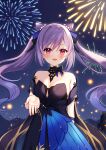  1girl bare_shoulders black_dress blush breasts cleavage dress earrings fireworks genshin_impact hair_ornament highres jewelry keqing_(genshin_impact) keqing_(opulent_splendor)_(genshin_impact) looking_at_viewer medium_breasts mirai_(mirai76_) night night_sky open_mouth outstretched_hand purple_eyes purple_hair sky solo twintails 