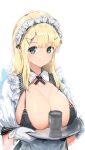  1girl alternate_costume apron bikini black_bikini blonde_hair breast_rest breasts breasts_outside carried_breast_rest carrying cleavage closed_mouth commentary_request cup enmaided gloves green_eyes hair_ornament hairclip highres holding holding_tray large_breasts long_hair looking_at_viewer maid maid_headdress micro_bikini senran_kagura senran_kagura_estival_versus senran_kagura_shinovi_versus simple_background sleeve_cuffs smile solo swimsuit tareme tray upper_body white_apron white_background white_gloves yaegashi_nan yomi_(senran_kagura) 