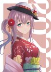  1girl 2020 aqua_eyes ar-57_(girls&#039;_frontline) ar-57_(with_the_three_friends_of_winter)_(girls&#039;_frontline) bakkasu150 bangs blush breasts closed_mouth eyebrows_visible_through_hair girls&#039;_frontline hair_ornament hairclip happy_new_year highres japanese_clothes kimono long_hair looking_at_viewer new_year official_alternate_costume pink_hair side_ponytail simple_background smile solo upper_body white_headwear 