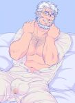  1boy bara beard chest_hair covered_penis ded_(housamo) facial_hair feet_out_of_frame flaccid glasses goshingo1 impossible_clothes looking_at_viewer male_focus mature_male muscular muscular_male naked_costume navel old old_man pectoral_cleavage pectorals short_hair smile solo spread_legs stomach thick_eyebrows thick_thighs thighs tokyo_afterschool_summoners white_hair 