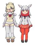  2girls alpaca_ears alpaca_girl alpaca_suri_(kemono_friends) alpaca_tail ananna animal_ears bangs beige_shorts beige_vest black_footwear blue_eyes boots commentary_request eyebrows_visible_through_hair frilled_sleeves frills fur_collar fur_trim hair_bun hair_over_one_eye hair_tubes highres kemono_friends kinkitsu1824 long_sleeves multicolored_hair multiple_girls neck_ribbon pantyhose pleated_skirt red_fur red_hair red_legwear red_neckwear red_skirt ribbon scarlet_ibis_(kemono_friends) shirt short_hair short_shorts shorts sidelocks skirt sweater tail white_footwear white_fur white_hair white_legwear white_shirt white_sweater yellow_eyes 