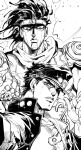  2boys adjusting_clothes adjusting_headwear armor chain gakuran greyscale hat highres jojo_no_kimyou_na_bouken kujo_jotaro male_focus monochrome multiple_boys official_style pauldrons sashiyu scarf school_uniform shoulder_armor stand_(jojo) star_platinum stardust_crusaders tiara 