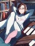  1girl absurdres arms_behind_head ass bodysuit book bookshelf breasts brown_hair closed_mouth crossed_legs evangelion:_3.0+1.0_thrice_upon_a_time eyebrows_visible_through_hair feet foot_out_of_frame glasses hairband hammock highres legs long_hair looking_at_viewer lying makinami_mari_illustrious medium_breasts neon_genesis_evangelion on_back plugsuit rebuild_of_evangelion red-framed_eyewear revision smile soles solo twintails white_bodysuit yakisobaosu 