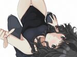 1girl 1other amagami black_eyes black_hair black_swimsuit breasts closed_mouth commentary_request competition_swimsuit irodori-classical looking_at_viewer medium_breasts medium_hair messy_hair one-piece_swimsuit sitting smile swimsuit tanamachi_kaoru thigh_gap 