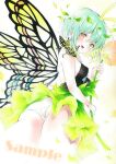  1girl adapted_costume antennae aqua_hair arim0k0 bad_anatomy blush butterfly_wings cowboy_shot dress eternity_larva eyebrows_visible_through_hair fairy flower green_dress hair_between_eyes highres holding holding_flower leaf leaf_on_head multicolored_clothes multicolored_dress open_mouth orange_eyes panties sample short_hair single_strap smile solo touhou traditional_media underwear watermark white_panties wings 