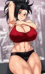  1girl absurdres arm_behind_head arm_up armpits artist_name bangs bare_shoulders black_buruma black_eyes black_hair blurry blurry_background boku_no_hero_academia breasts buruma cameltoe closed_mouth commentary covered_nipples cowboy_shot eyelashes foreshortening highres jmg looking_at_viewer navel raised_eyebrows red_sports_bra shiny shiny_hair skindentation solo sports_bra spread_armpit steaming_body sweat thick_thighs thighs toned wide_hips yaoyorozu_momo 