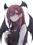  1girl bat_wings black_vest breasts closed_mouth eyebrows_behind_hair hair_behind_ear hair_between_eyes hand_on_own_chest head_wings highres koakuma light_blush light_smile long_hair long_sleeves looking_to_the_side necktie red_eyes red_hair red_necktie simple_background small_breasts solo touhou tsune_(tune) upper_body vest white_background wing_collar wings 