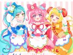  3girls ankle_bow apron blonde_hair blue_dress bow brooch cake_hair_ornament choker cure_precious cure_spicy cure_yum-yum delicious_party_precure double_bun dress elbow_gloves eyebrows_visible_through_hair food-themed_hair_ornament fuwa_kokone gloves green_eyes hair_between_eyes hair_bun hair_cones hair_ornament hair_rings hanamichi_ran heart_brooch huge_bow jewelry long_hair magical_girl multiple_girls nagomi_yui orange_dress pink_background pink_choker pink_dress pink_eyes pink_hair precure puffy_short_sleeves puffy_sleeves sash short_sleeves striped striped_background two-tone_dress user_eurf5322 very_long_hair white_dress white_gloves white_stripes yellow_dress yellow_eyes 