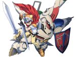  1boy adeu_warsam bangs chales28ho fantasy green_eyes hair_between_eyes haou_taikei_ryuu_knight helmet highres holding holding_shield holding_sword holding_weapon looking_at_viewer male_focus mecha pants red_hair red_scarf scarf shield shirt smile sword weapon white_background white_shirt yellow_pants zephyr_(ryu_knight) 