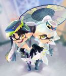  +_+ 2girls :o asymmetrical_hair bangs bare_shoulders black_footwear black_gloves black_hair black_legwear blurry blurry_background boots callie_(splatoon) cousins domino_mask dress earrings fangs food food-themed_hair_ornament food_on_head gloves hair_ornament holding holding_umbrella idol jacket jewelry knees_up long_eyelashes long_hair long_jacket looking_at_viewer marie_(splatoon) mask mole mole_under_eye multiple_girls object_on_head open_mouth pantyhose parasol pose smile splatoon_(series) splatoon_3 squidbeak_splatoon strapless strapless_dress sushi tareme teeth tentacle_hair thick_eyebrows tied_hair tsurime ukata umbrella white_hair white_jacket white_legwear yellow_eyes 