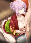  1boy 1girl :&gt;= areolae ass bare_legs breasts cafekun censored clothed_female_nude_male collarbone fate/grand_order fate_(series) fellatio glasses hetero highres japanese_clothes kimono large_breasts light_blush looking_at_another mash_kyrielight mosaic_censoring nipples no_bra no_panties nude oral penis pink_hair purple_eyes solo_focus squat_toilet steaming_body sweat 