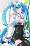  1girl bangs black_bodysuit black_gloves black_legwear blue_eyes blue_hair blush bodysuit closed_mouth clothes_writing covered_navel eyebrows_visible_through_hair gloves hatsune_miku headgear highres long_hair long_sleeves looking_at_viewer racing_miku racing_miku_(2022) shrug_(clothing) single_thighhigh skin_tight skindentation smile solo soramame_pikuto staff thighhighs twintails very_long_hair vocaloid white_background 