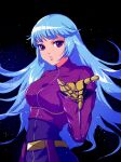  1girl bangs belt blue_hair bodysuit breasts eyebrows_visible_through_hair gloves highres kula_diamond long_hair looking_at_viewer medium_breasts night night_sky ppullin_tw purple_eyes simple_background sky the_king_of_fighters 