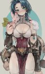  1girl 1other belt_buckle blue_eyes blue_hair blush bracer breasts buckle bunny cleavage cleavage_cutout closed_mouth clothing_cutout commentary cowboy_shot earrings ebimomo food highres holding holding_food holding_vegetable jewelry large_breasts looking_at_viewer medium_hair pelvic_curtain radish riula_(stones_of_dragon) scabbard sheath sheathed shield single_earring standing stones_of_dragon sword thighhighs vegetable weapon white_legwear 