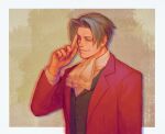  1boy ace_attorney ascot black_vest border brown_background buttons chinese_commentary closed_eyes closed_mouth commentary_request derivative_work forehead godzillapigeon1 grey_border grey_hair hand_up happy highres index_finger_raised jacket long_sleeves male_focus miles_edgeworth open_clothes open_jacket outside_border red_jacket shirt short_hair simple_background smile smug solo upper_body v-shaped_eyebrows vest white_ascot white_shirt 