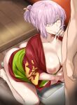  1boy 1girl :&gt;= areolae ass bare_legs breasts cafekun censored closed_eyes clothed_female_nude_male collarbone cum cum_in_mouth fate/grand_order fate_(series) fellatio glasses hetero highres japanese_clothes kimono large_breasts mash_kyrielight mosaic_censoring nipples no_bra no_panties nude oral penis pink_hair solo_focus squat_toilet steaming_body sweat 