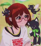  1girl brown_eyes brown_hair ear_piercing glasses green_ribbon halo highres joshuathefruit leaf leaf_umbrella looking_away misaki_shiki mr._mew piercing ribbon shin_subarashiki_kono_sekai shirt short_hair solo stuffed_animal stuffed_toy white_shirt wings 