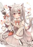  1girl ahoge animal_ear_fluff animal_ears bangs blush bow bow_dress cake cat_ears cat_girl cat_tail dress food fork fruit goma_(u_p) grey_dress grey_hair hair_between_eyes hair_ornament hairpin highres holding holding_fork long_hair long_sleeves looking_at_viewer medium_skirt original pink_eyes red_bow simple_background skirt smile solo strawberry tail tail_raised 