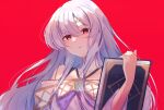  1girl bare_shoulders book circlet collarbone dark_persona dress edamameoka fire_emblem fire_emblem:_genealogy_of_the_holy_war fire_emblem_heroes gloves highres holding holding_book julia_(fire_emblem) light_purple_hair long_hair long_sleeves looking_at_viewer red_background red_eyes red_gloves red_theme serious simple_background solo upper_body very_long_hair 