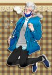  1boy alternate_costume anzumame blue_jacket breath earrings fur-trimmed_jacket fur_trim grey_hair jacket jean_pierre_polnareff jewelry jojo_no_kimyou_na_bouken male_focus mask mouth_mask solo stardust_crusaders 