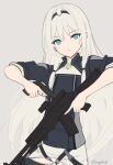  1girl an-94 an-94_(girls&#039;_frontline) aqua_eyes assault_rifle bangs blonde_hair closed_mouth eyebrows_visible_through_hair girls&#039;_frontline gun hairband handgun holding holding_gun holding_weapon ingerdoll long_hair looking_at_viewer pistol rifle simple_background solo tactical_clothes twitter_username upper_body weapon 