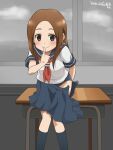  1girl awa blush brown_eyes brown_hair buruma closed_mouth finger_to_mouth index_finger_raised karakai_jouzu_no_takagi-san long_hair looking_at_viewer pleated_skirt sailor_collar school_uniform shirt skirt smile solo takagi-san white_shirt 