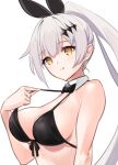  1girl animal_ears bangs bikini bikini_top_only black_bikini black_bow black_bowtie bow bowtie breasts closed_mouth crescent crescent_earrings earrings eyebrows_visible_through_hair fake_animal_ears five-seven_(cruise_queen)_(girls&#039;_frontline) five-seven_(girls&#039;_frontline) girls&#039;_frontline hair_ornament hairclip ingerdoll jewelry large_breasts licking_lips light_brown_eyes long_hair looking_at_viewer rabbit_ears sideboob silver_hair solo strap_pull swimsuit tongue tongue_out upper_body white_background 