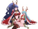  2girls alternate_costume antlers bell black_gloves blue_hair blush boots bow box braid breasts bridal_gauntlets cape christmas christmas_lights cleavage cosplay covering_mouth eirika_(fire_emblem) embarrassed fake_antlers fire_emblem fire_emblem:_the_sacred_stones fire_emblem_awakening fire_emblem_heroes fur_trim gloves highres juneplums knee_boots large_breasts long_hair looking_at_viewer medium_breasts merry_christmas midriff multiple_girls navel red_cape reindeer_antlers revealing_clothes santa_costume side_braids simple_background tana_(fire_emblem) tharja_(fire_emblem) tharja_(fire_emblem)_(cosplay) thighhighs twin_braids very_long_hair white_background 