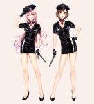  2girls baton_(weapon) brown_hair gloves hat high_heels highres megurine_luka meiko multiple_girls nokuhashi pink_hair police police_hat police_uniform policewoman standing uniform vocaloid weapon 