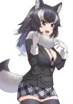  1girl animal_ears black_hair black_legwear black_necktie black_skirt blue_eyes blush breasts brown_eyes eyebrows_visible_through_hair fang gloves gradient_hair grey_wolf_(kemono_friends) heterochromia highres kemono_friends kimurayou103 large_breasts long_hair long_sleeves looking_at_viewer multicolored_hair necktie open_mouth pleated_skirt skirt smile solo tail thighhighs white_gloves white_hair wolf_ears wolf_girl wolf_tail 