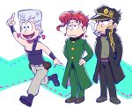  3boys anzumame black_hair cigarette earrings gakuran grey_hair hands_on_hips jean_pierre_polnareff jewelry jojo_no_kimyou_na_bouken kakyoin_noriaki kujo_jotaro long_coat male_focus multiple_boys osomatsu-san parody red_hair school_uniform smoking stardust_crusaders style_parody 