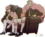  2boys blonde_hair brothers cigarette couch donquixote_doflamingo donquixote_rocinante fur_coat headgear highres holding holding_cigarette long_sleeves male_focus multiple_boys necktie one_piece santa65 siblings sitting white_background 