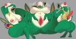  2022 absurd_res anthro appletun areola big_breasts big_butt biped breasts butt claws crossed_legs crouching digital_media_(artwork) female finger_claws genitals green_body grey_background hi_res licking licking_lips licking_own_lips lvlirror nintendo nipple_piercing nipples piercing pok&eacute;mon pok&eacute;mon_(species) pussy self_lick simple_background sitting solo spread_pussy spreading tongue tongue_out video_games white_body 