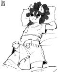  anthro bed big_penis black_eyelids blush bodily_fluids bottomwear boxers_(clothing) canid canine canis clothed clothing crop_top devin_(yungyiff) domestic_dog dreadlocks erection eyes_closed furniture genital_fluids genitals german_shepherd goonie-san herding_dog hi_res humanoid_genitalia humanoid_penis line_art male mammal midriff monochrome morning_wood navel on_bed open_mouth pastoral_dog penis pillow precum shirt shorts sleeping solo throbbing throbbing_penis topwear underwear 