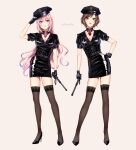  2girls baton_(weapon) brown_hair gloves hat high_heels highres megurine_luka meiko multiple_girls nokuhashi pink_hair police police_hat police_uniform policewoman standing thighhighs uniform vocaloid weapon 