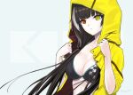  1girl bangs black_bra black_hair bra breasts cleavage collarbone eyebrows_visible_through_hair girls&#039;_frontline hair_ornament hairclip heterochromia hood hooded_jacket ingerdoll jacket long_hair looking_at_viewer medium_breasts multicolored_hair open_clothes open_jacket red_eyes ro635_(girls&#039;_frontline) solo twitter_username underwear upper_body yellow_eyes yellow_hood yellow_jacket 