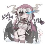  1girl bandages bangs black_eyes black_panties black_skin black_souls black_tail black_wings breasts bright_pupils chibi cleavage colored_skin cropped_legs crossed_bangs dragon_girl dragon_horns dragon_tail dragon_wings grey_horns grin groin hair_between_eyes hand_on_own_face heart heterochromia highleg highleg_panties horns jabberwock_(black_souls) korean_text large_breasts light_blue_eyes long_hair mismatched_pupils multicolored_skin navel nyong_nyong panties patchwork_skin purple_skin silver_hair simple_background smile solo stitched_arm stitched_face stitched_hand stitched_neck stitches tail torn_clothes torn_wings translation_request underwear white_background white_pupils wings zombie zombie_dragon 