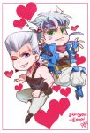  2boys anzumame battle_tendency blowing_kiss blue_eyes blue_jacket caesar_anthonio_zeppeli chibi earrings feather_hair_ornament feathers fingerless_gloves gloves green_eyes grey_hair hair_ornament headband heart jacket jean_pierre_polnareff jewelry jojo_no_kimyou_na_bouken knee_pads male_focus multiple_boys one_eye_closed pink_scarf purple_eyes scarf silver_hair stardust_crusaders time_paradox trait_connection triangle_print 