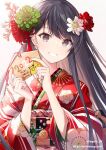  1girl 2022 bangs black_hair blush earrings floral_print flower grey_eyes hair_flower hair_ornament hands_up holding japanese_clothes jewelry kagachi_saku kanzashi kimono long_hair long_sleeves looking_at_viewer new_year original parted_lips red_kimono smile solo white_background 