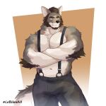  anthro beard bottomwear canid canine canis clothing coffeline coyote crossed_arms elbow_tufts facial_hair hi_res male mammal muscular pants pecs solo suspenders whiskers william_adler 